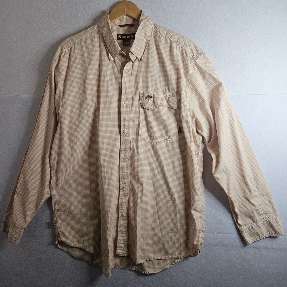Simms Mens XL Fishing Shirt Tan Orange Check Long Sleeve Cotton COR3 Button Down